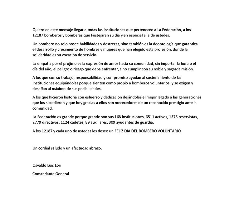 Saludo del comandante general Osvaldo Lori por el día del bombero voluntario