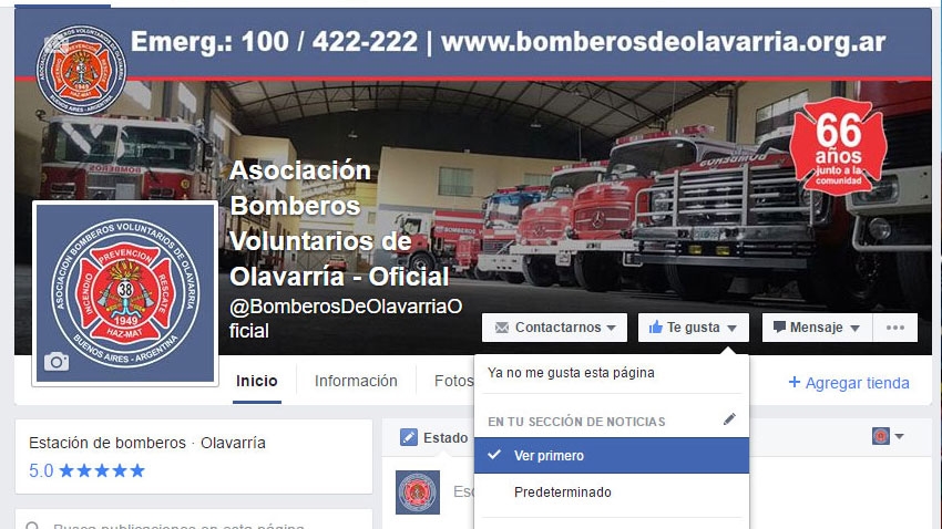 Dos simples acciones para ver todas las notificaciones de Bomberos de Olavarría en Facebook